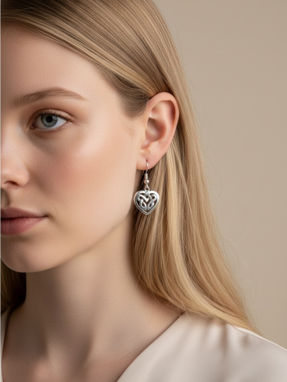 10/23 Sterling Silver Heart Knot Drop Earrings - Silver